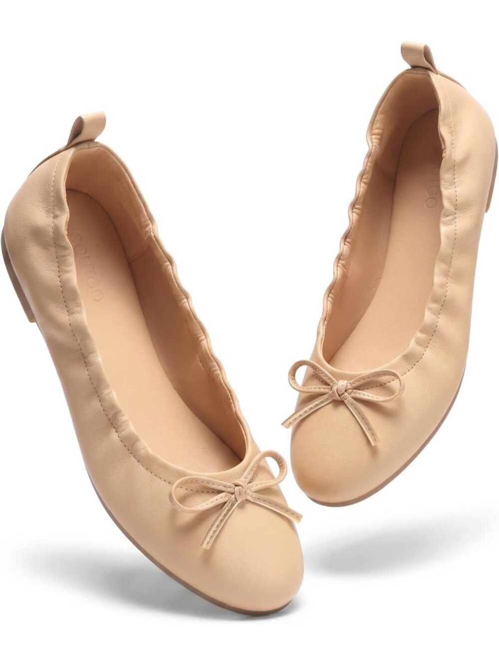 Women's Khaki Faux Leather Comfortable Bow Round Toe Slip On Dress Flats Shoes